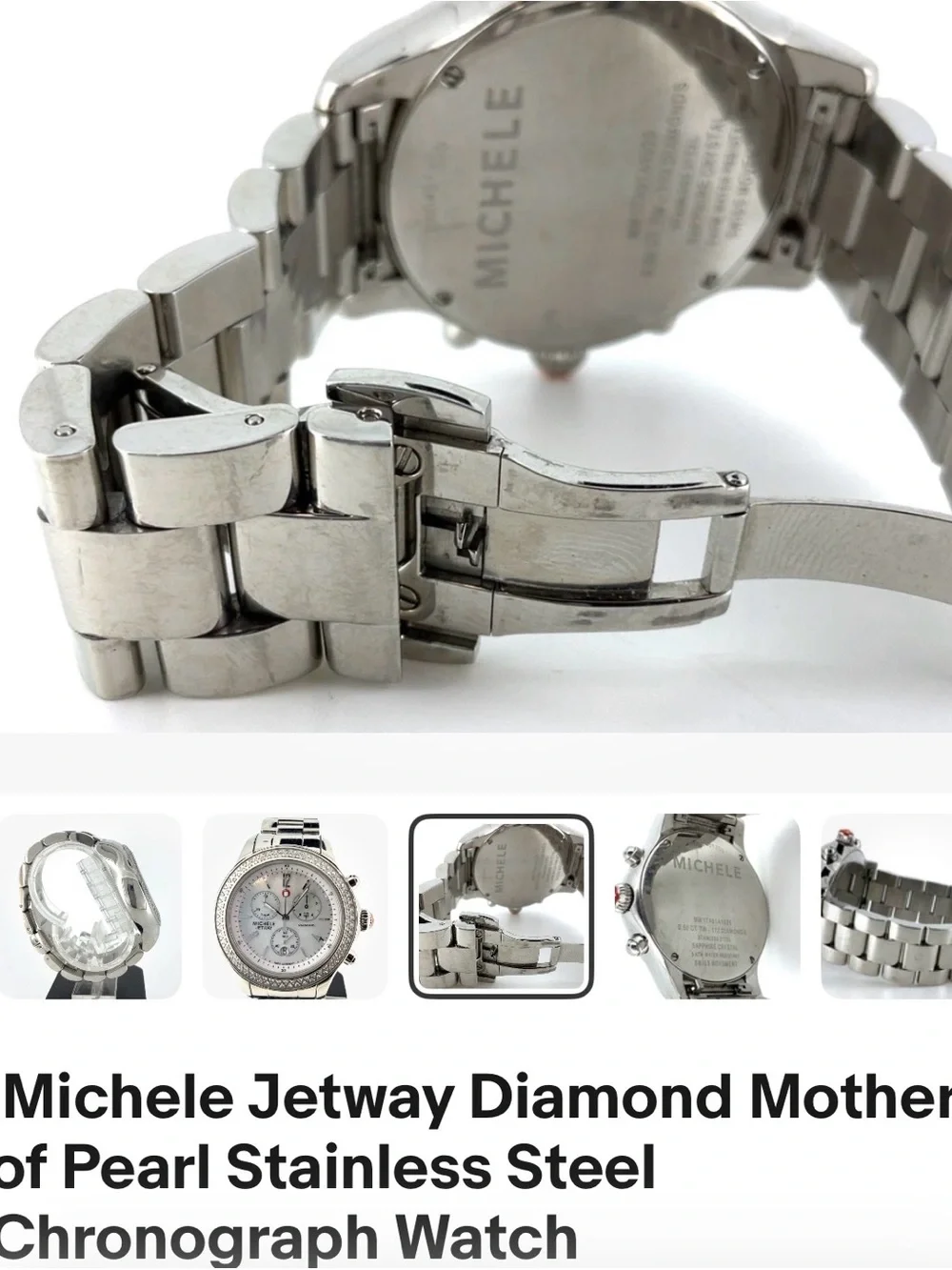 Michele Silver Stainless Steel Engraved Case Back Watch working new battery .